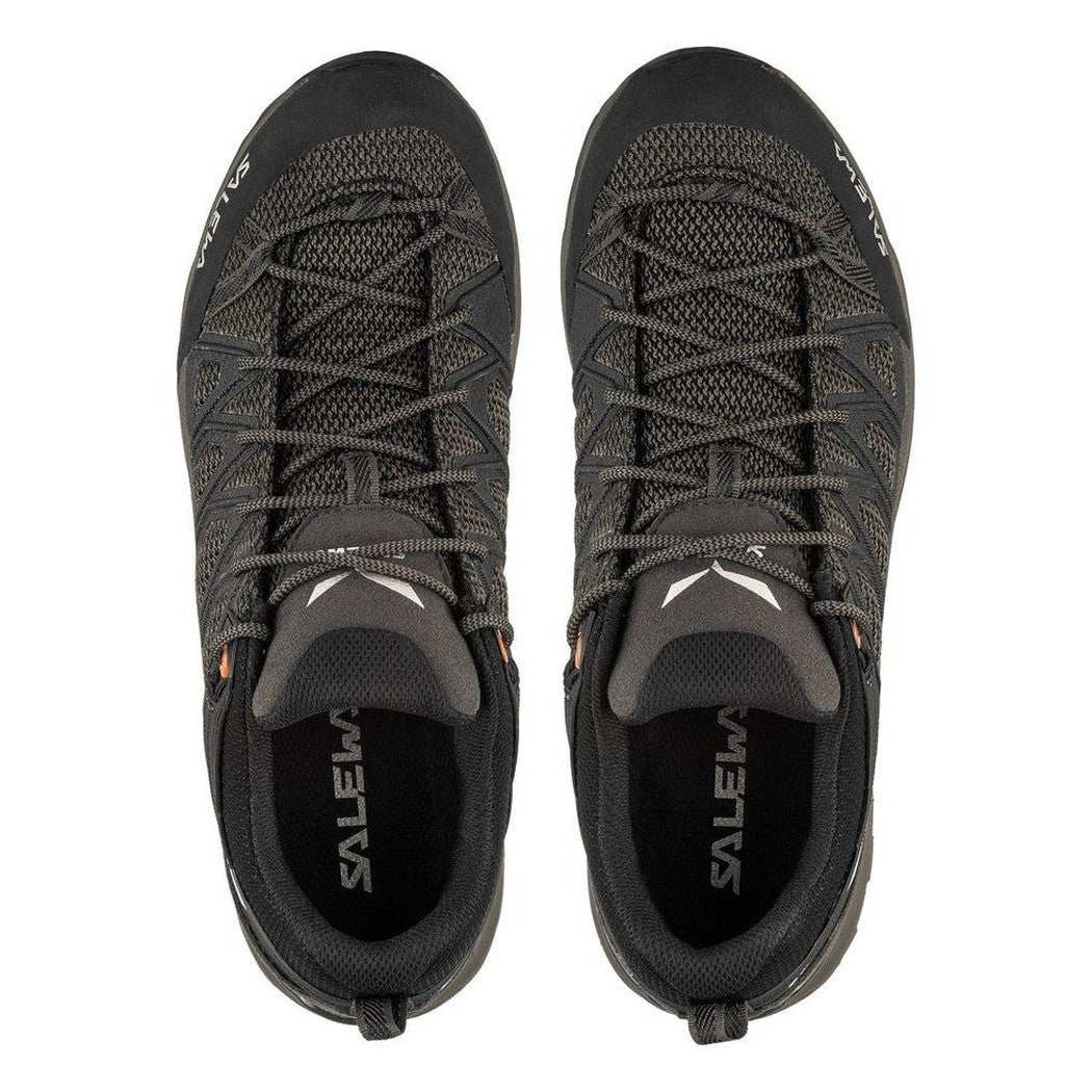 Top view of the Salewa Women's Mountain Trainer Lite GTX in Wallnut/Fluo Coral showing the lacing system and interior branding against a white background.