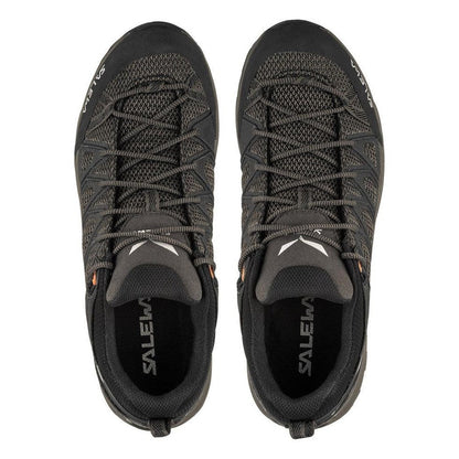 Top view of the Salewa Women's Mountain Trainer Lite GTX in Wallnut/Fluo Coral showing the lacing system and interior branding against a white background.