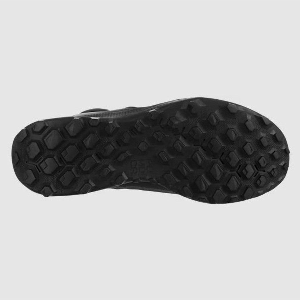 The sole of the Salewa Women's Pedroc Pro Powertex Mid Boot in Black/Black is shown from above, displaying the lugged tread pattern against a plain white background.