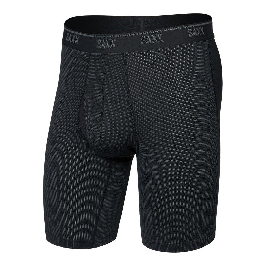 Black SAXX Quest Quick-Dry Mesh Long Boxer Brief Fly - 8" shown from the front with a white background.