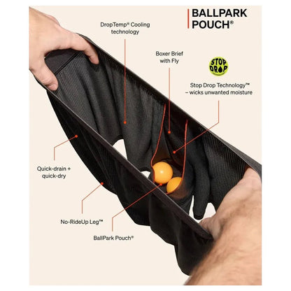 A black Ballpark Pouch with two yellow balls inside is held open by a person's hands, showing features like quick-dry and no-ride-up leg.