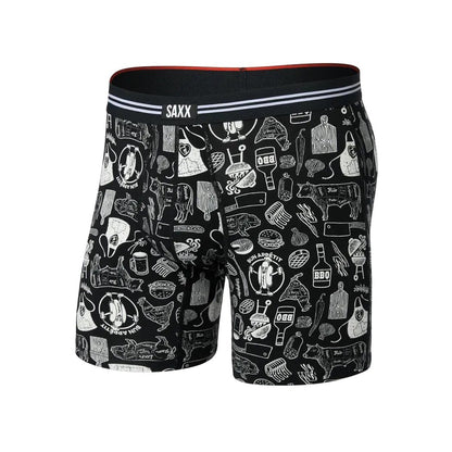 Black SAXX Vibe Xtra Soft Comfort Boxer Brief Fly - 6" with a black waistband and various white BBQ-themed prints on the fabric.
