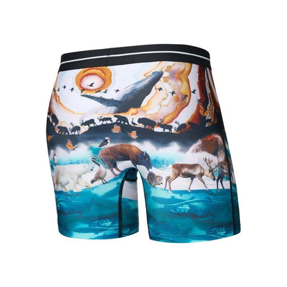 Side view of the SAXX Volt Breathable Mesh Boxer Brief - 6" showing the GreatMigrationM print with animals and ocean scene against a white background.