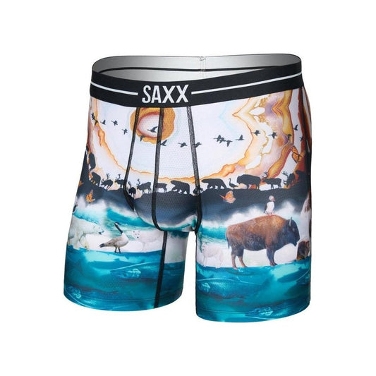 Side view of the SAXX Volt Breathable Mesh Boxer Brief - 6" showing the GreatMigrationM print and waistband against a white background.