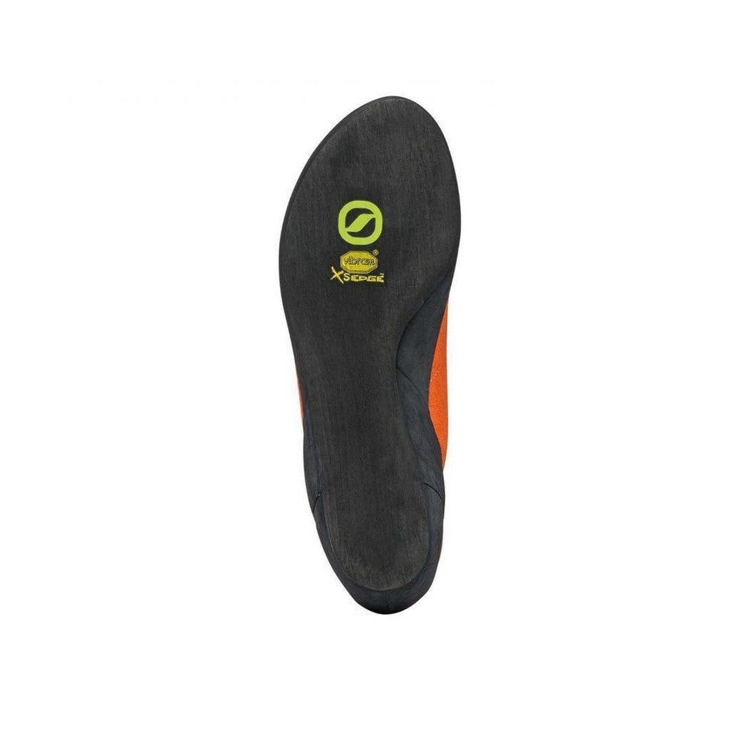 The sole of the Scarpa Helix - Women climbing shoe, showing the green logo and orange side panel against a white background.