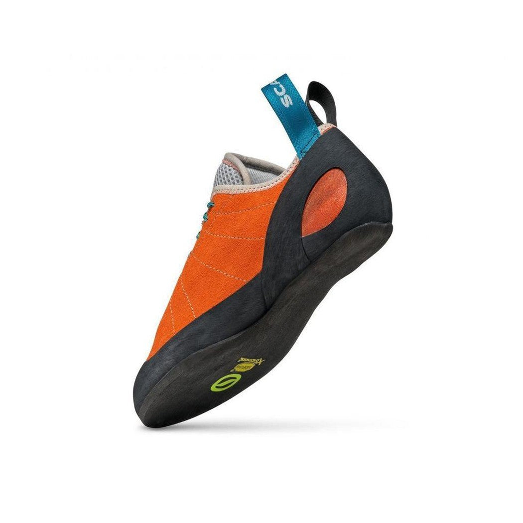 A side view of the Scarpa Helix - Women in Mandarin Red showing the orange upper and black sole against a white background.