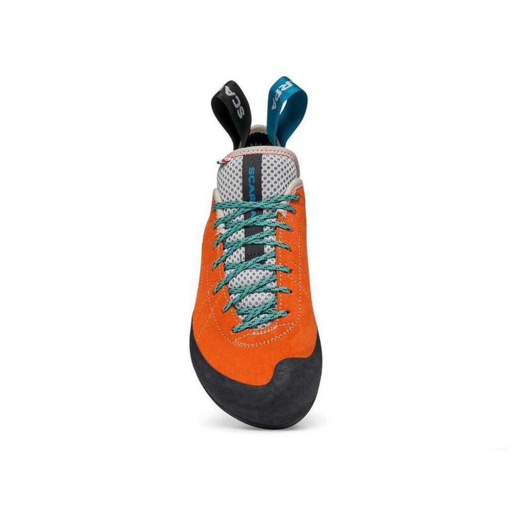 A front view of the Scarpa Helix - Women climbing shoe in Mandarin Red with teal laces and a black rubber toe cap against a white background.