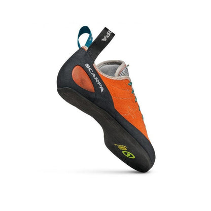Side view of the Scarpa Helix - Women in Mandarin Red showing the black heel and toe, against a white background.