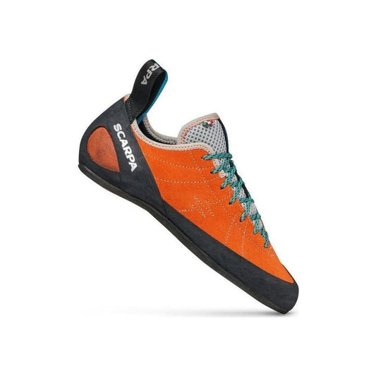 Side view of the Scarpa Helix - Women in Mandarin Red showing the lugged outsole against a white background.