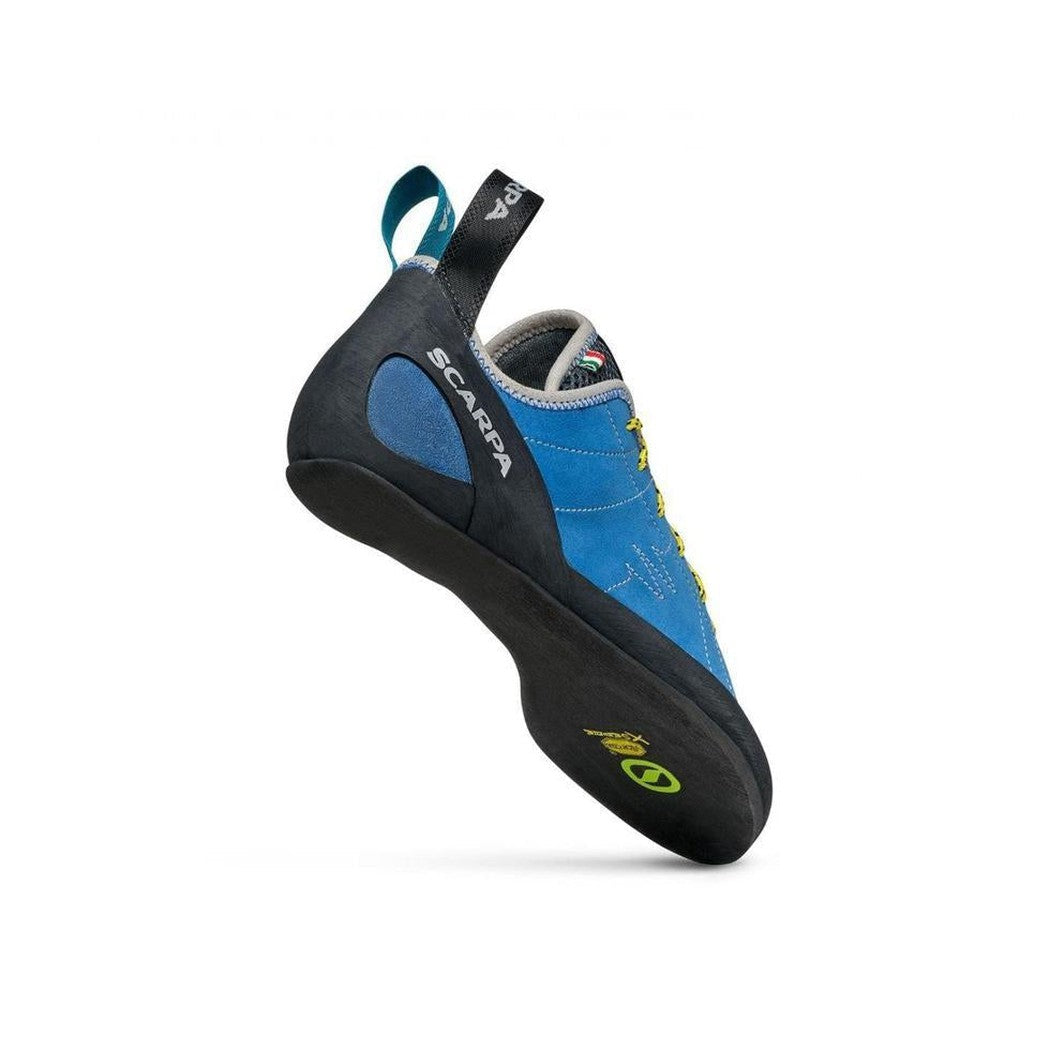 A side view of the Scarpa Helix climbing shoe in Hyper Blue with a black sole and yellow accents against a white background.