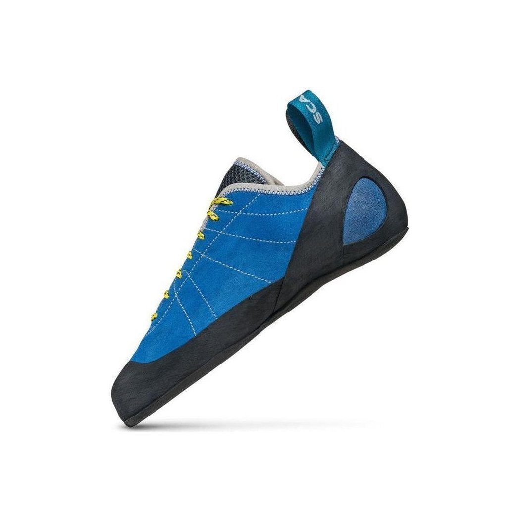 Side view of the Scarpa Helix in Hyper Blue showing the yellow laces and black rubber sole against a white background.