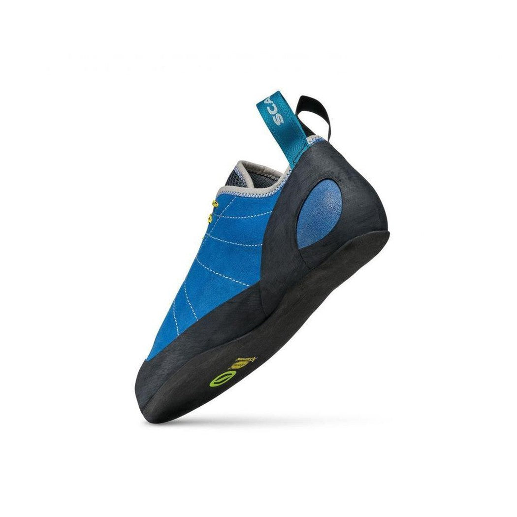 Side view of the Scarpa Helix in Hyper Blue showing the black rubber outsole and blue upper against a white background.