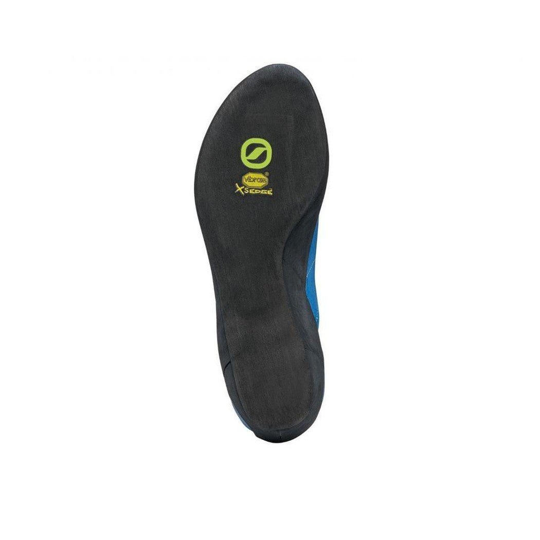 The sole of the Scarpa Helix Hyper Blue climbing shoe is shown from above against a white background.