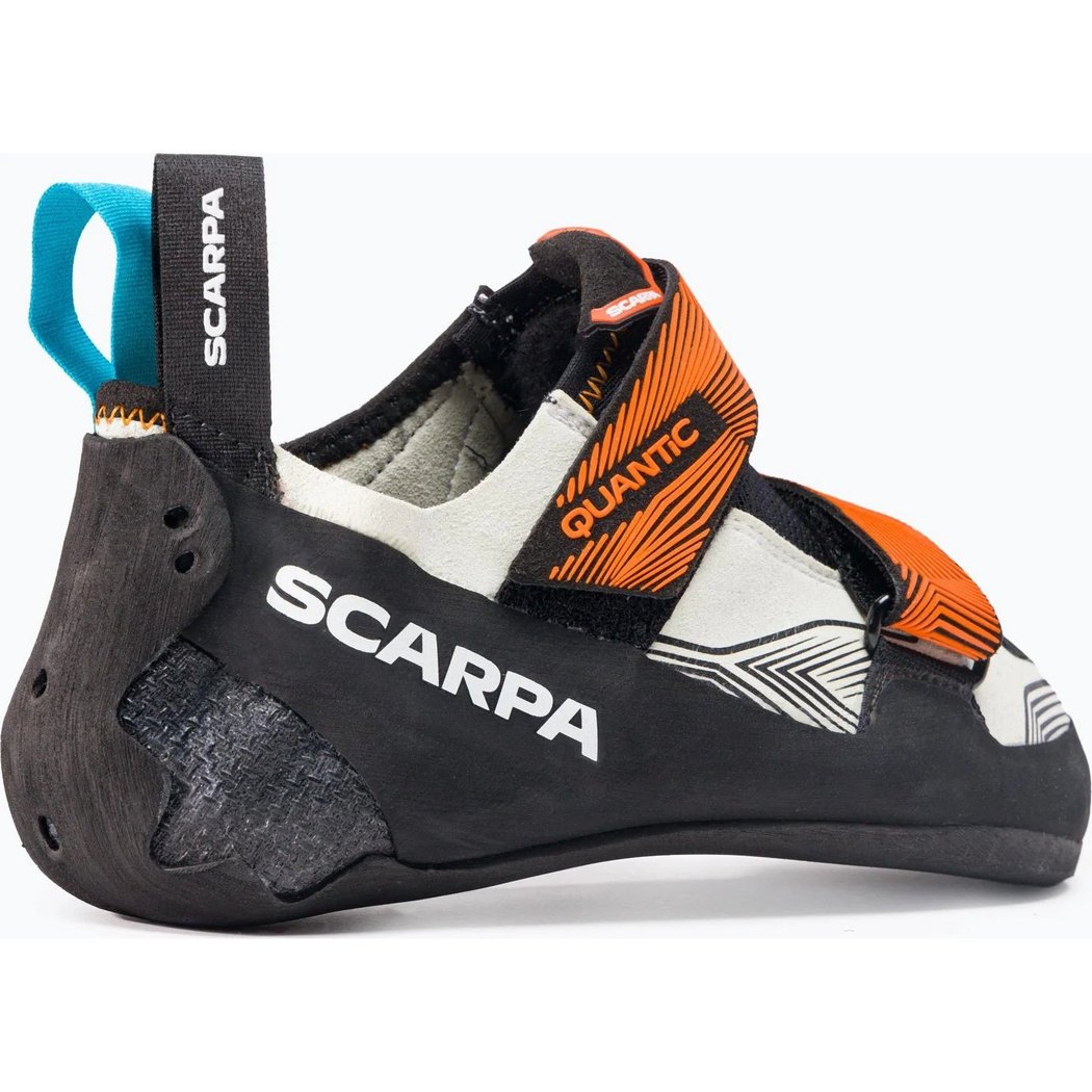 Side view of the Scarpa Men's Quantic climbing shoe in Dusty Grey/Mango with an orange strap and black heel.