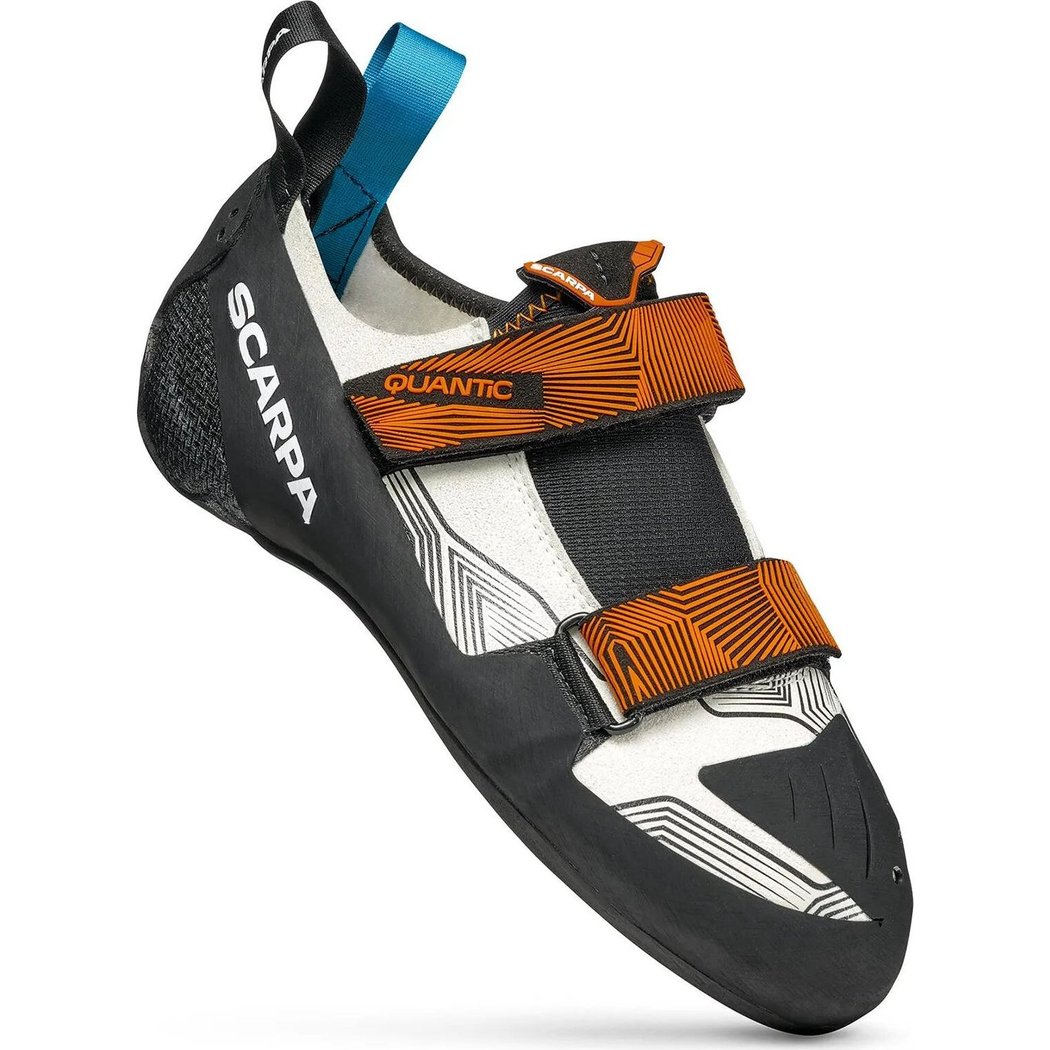 A side view of the Scarpa Men's Quantic climbing shoe in Dusty Grey/Mango with two orange straps against a white background.