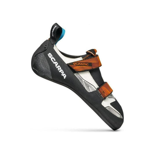 A side view of the Scarpa Men's Quantic climbing shoe with orange straps against a white background.