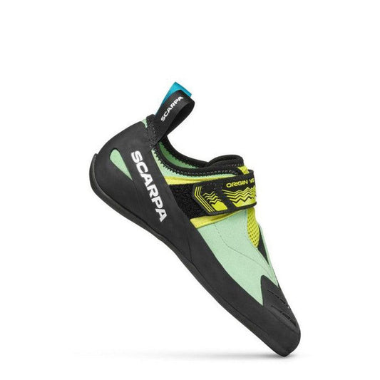 A side view of the Scarpa Origin VS Wmn climbing shoe in PastelGreenLime with a black strap and a white background.