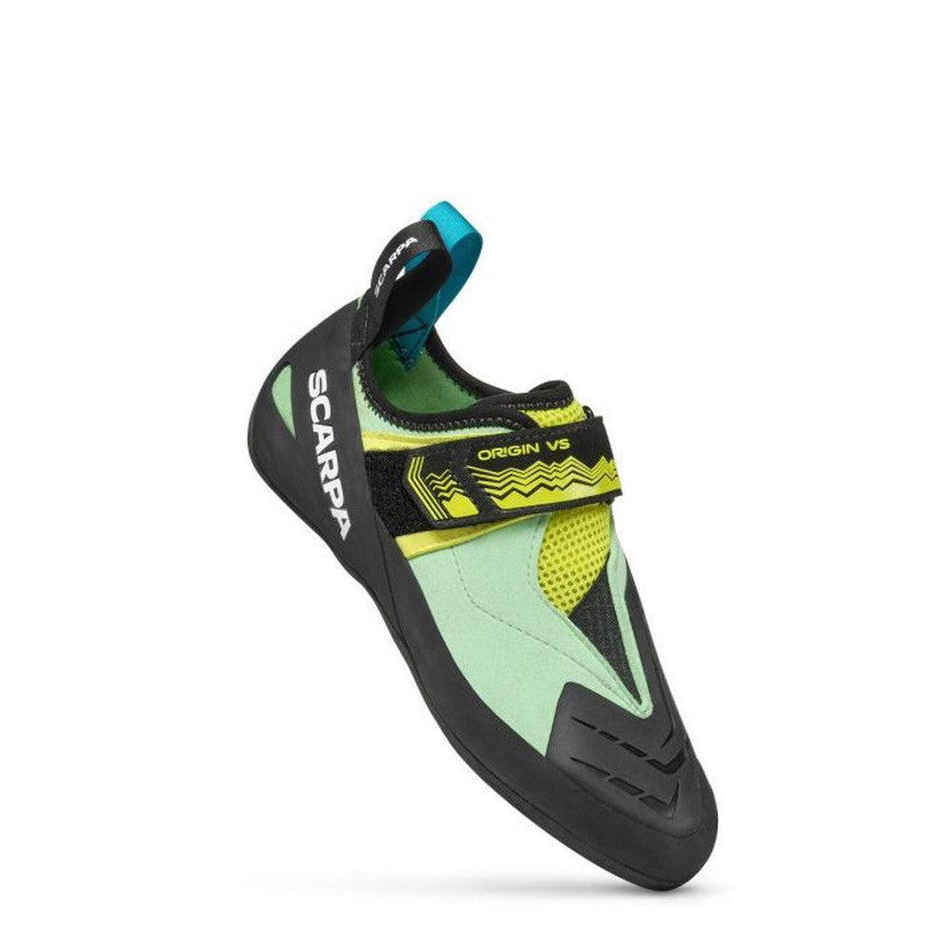 A side view of the Scarpa Origin VS Wmn climbing shoe in PastelGreenLime with a black outsole and yellow accents against a white background.