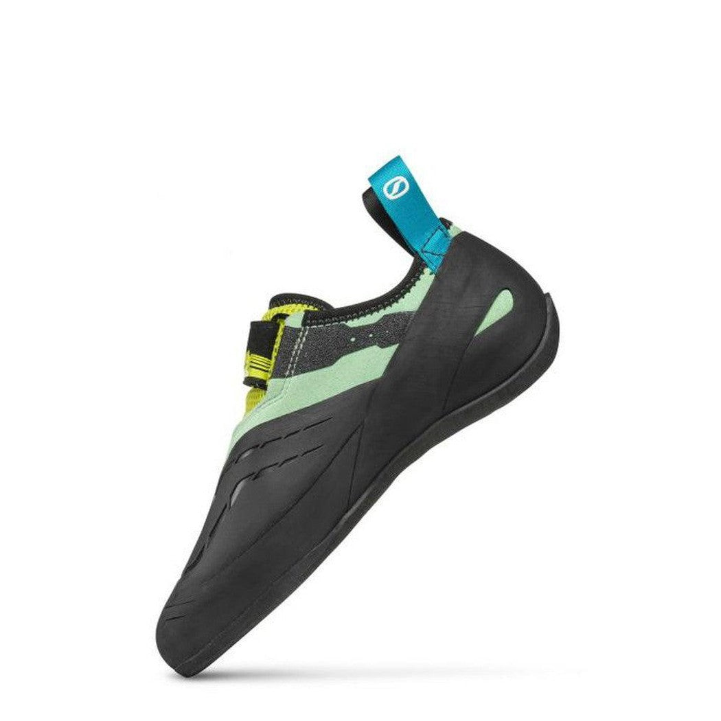 Side view of the Scarpa Origin VS Wmn climbing shoe in PastelGreenLime with a blue pull tab and black upper against a white background.