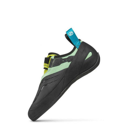Side view of the Scarpa Origin VS Wmn climbing shoe in PastelGreenLime with a blue pull tab and black upper against a white background.