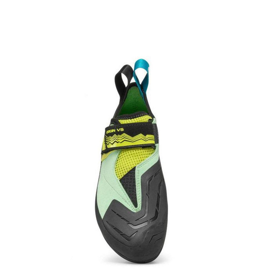 Back view of the Scarpa Origin VS Wmn climbing shoe in PastelGreenLime with a black outsole and a hook on top, against a white background.