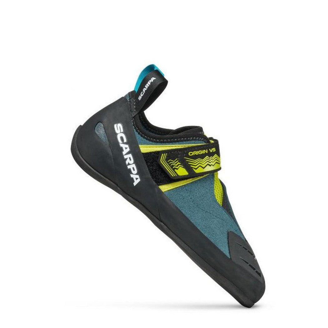 A side view of the Scarpa Origin VS climbing shoe in Petrol/Lime with a black strap and a white background.