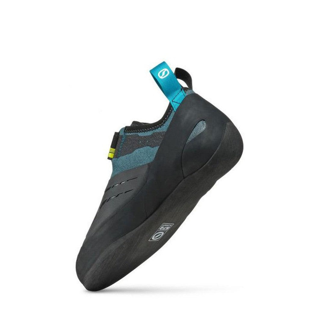 Side view of the Scarpa Origin VS climbing shoe in Petrol/Lime with a blue pull tab and black rubber sole against a white background.