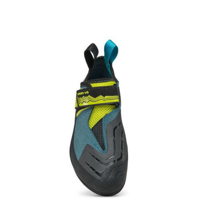 Back view of the Scarpa Origin VS climbing shoe in Petrol/Lime with a hook and strap, against a white background.
