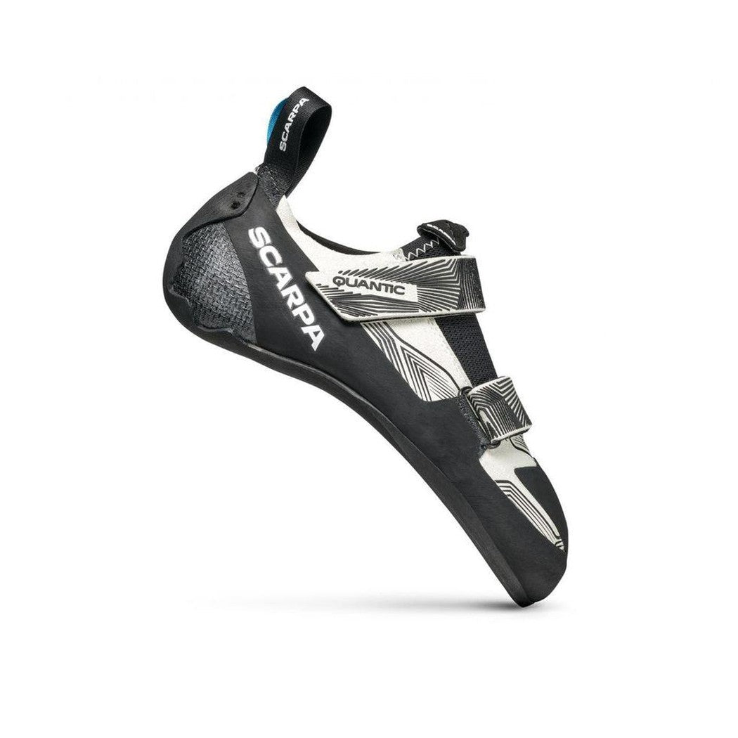 A side view of the Scarpa Women's Quantic climbing shoe in Dust Grey/Black with two straps and a black pull tab against a white background.