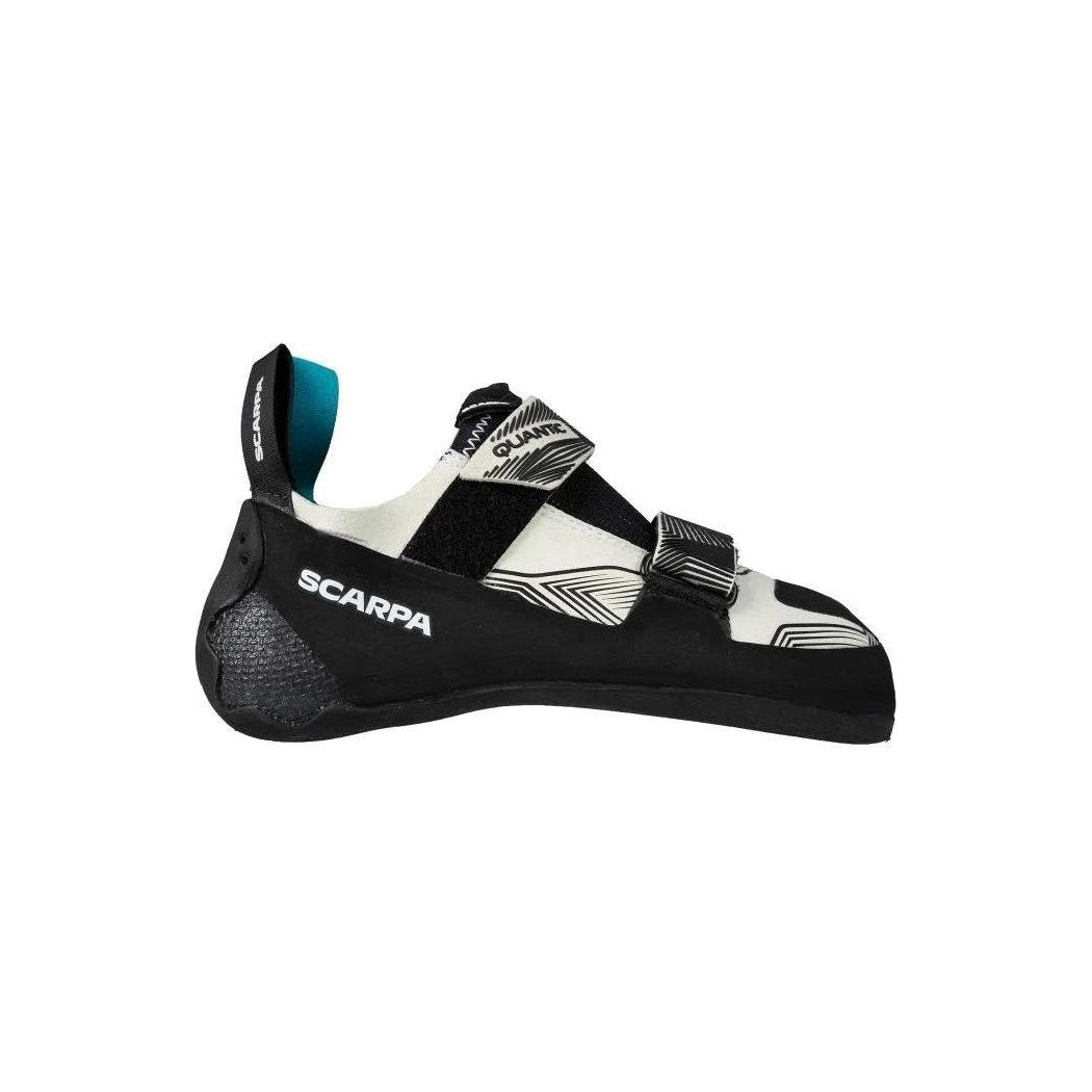 Side view of the Scarpa Women's Quantic climbing shoe in Dust Grey/Black with two straps and a white background.