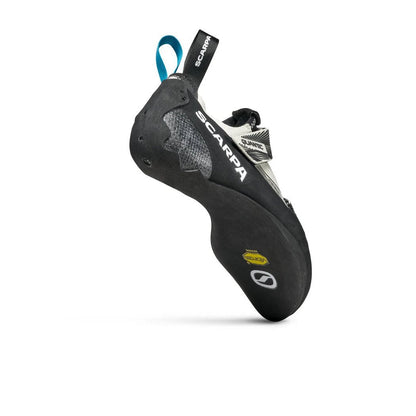 A side view of the Scarpa Women's Quantic climbing shoe in Dust Grey/Black against a white background.