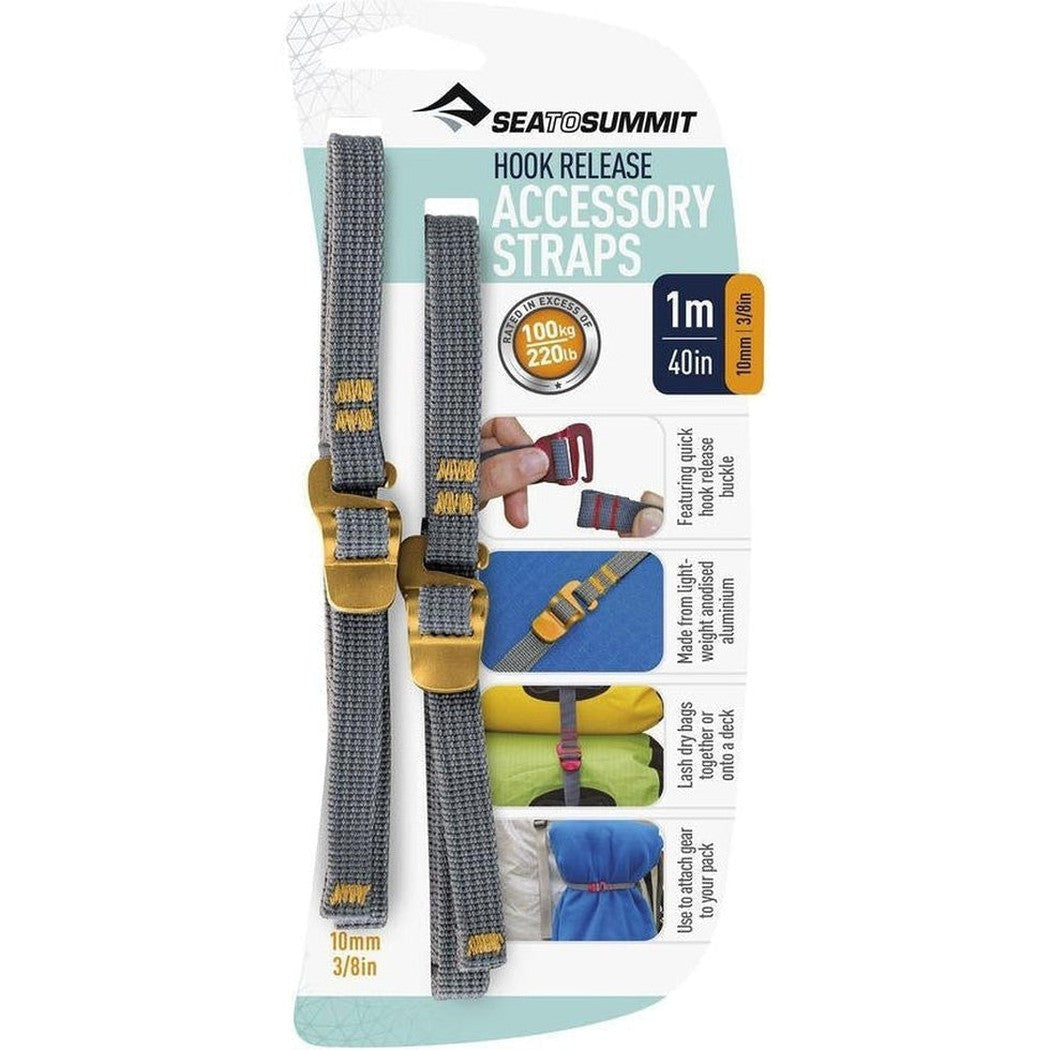 A front view of Sea To Summit Accessory Straps with Hook Release in 10mm showing the gold buckles and packaging against a white background.