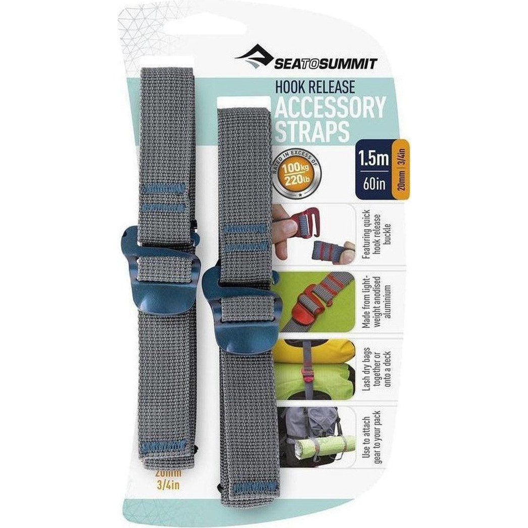 Side view of Sea To Summit Hook Release Accessory Straps in 10mm Charcoal/Graphite on white packaging.
