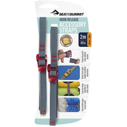 Side view of Sea To Summit Accessory Straps with Hook Release in 10mm showing the red buckles and packaging details.