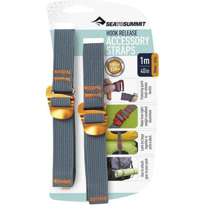 Side view of Sea To Summit Hook Release Accessory Straps in Charcoal/Graphite showing the 10mm hook release buckles against a white background.