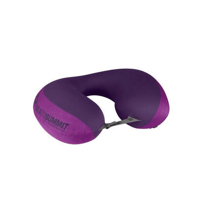 A side view of the Sea To Summit Aeros Pillow Premium Traveller in Lime showing the U - shape and the brand name on the pillow against a white background.