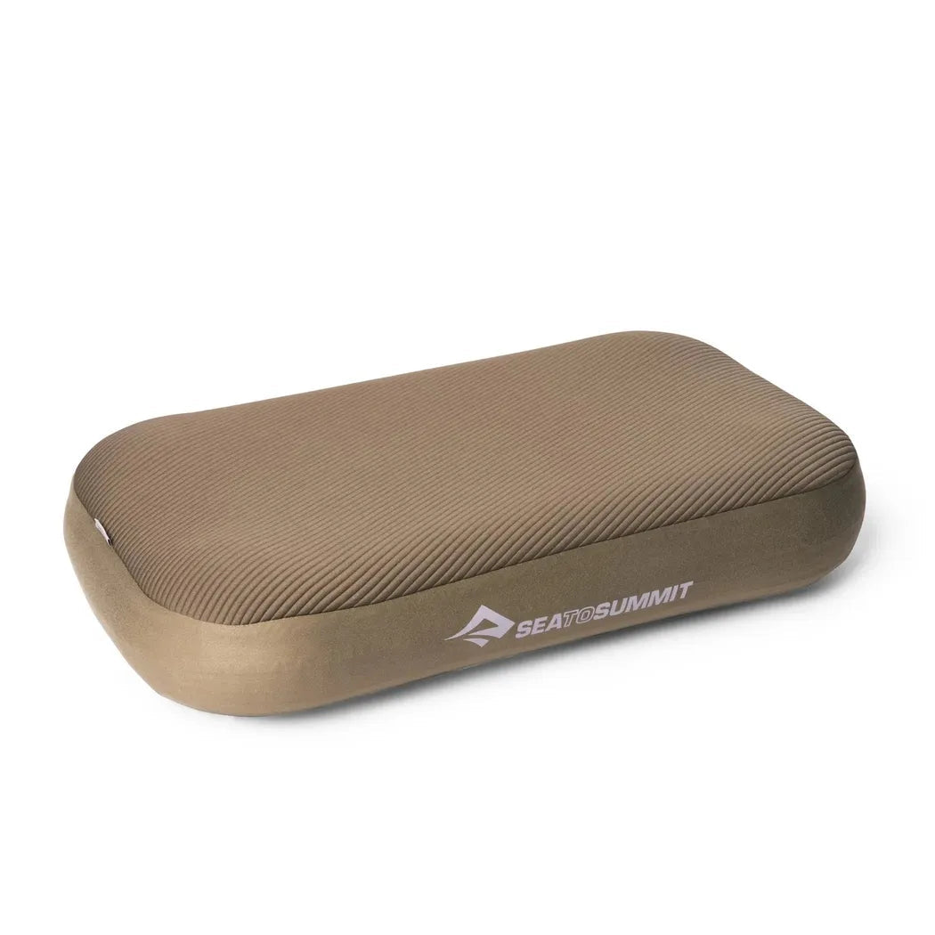 A top-down view of the Sea To Summit Aeros Premium Pillow in Burnt Olive with a white background.