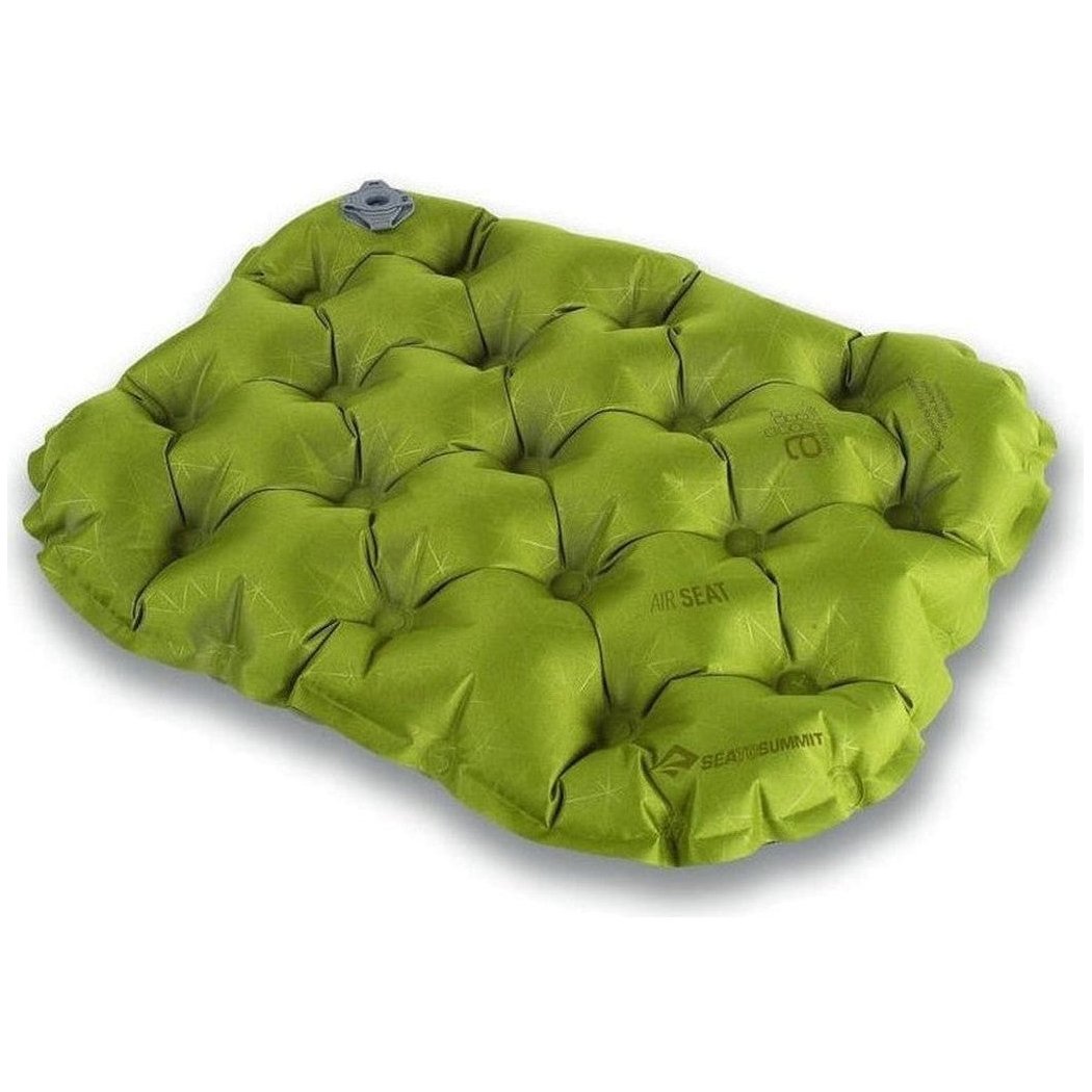 A top-down view of the Sea To Summit Air Seat in green with a valve visible on the upper left against a white background.