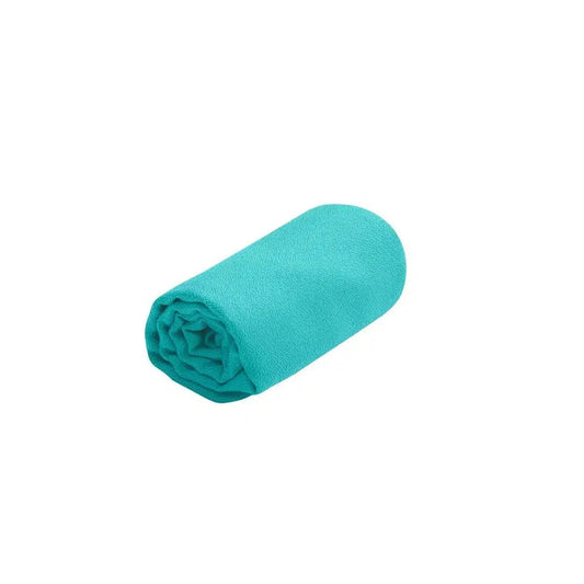 A roll of the Sea To Summit Airlite Towel in Baltic Blue, shown from a side angle against a white background.