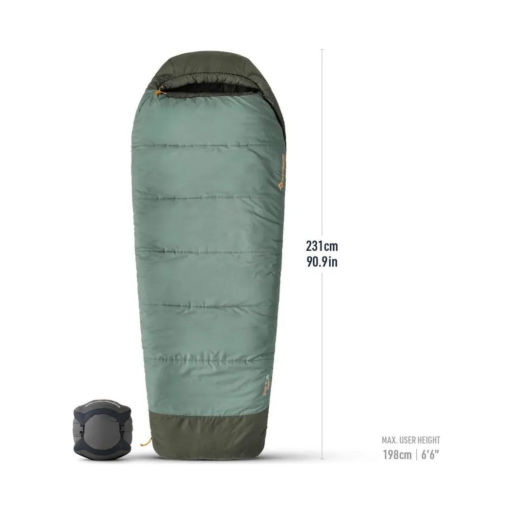 Side view of the Sea To Summit Boab Synthetic Sleeping Bag 30F|-1C in Laurel Wreath Green showing the rolled compression sack next to it against a white background.