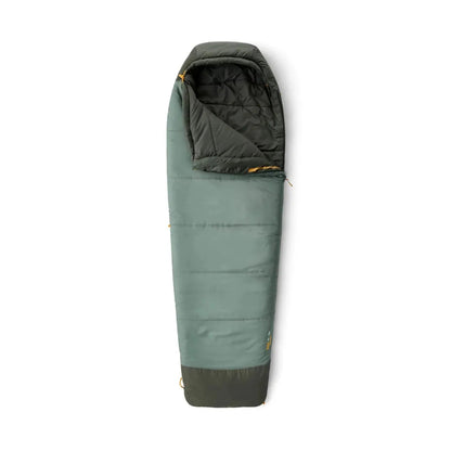 Top view of the Sea To Summit Boab Synthetic Sleeping Bag 30F|-1C in Laurel Wreath Green with a dark interior and zipper visible against a white background.
