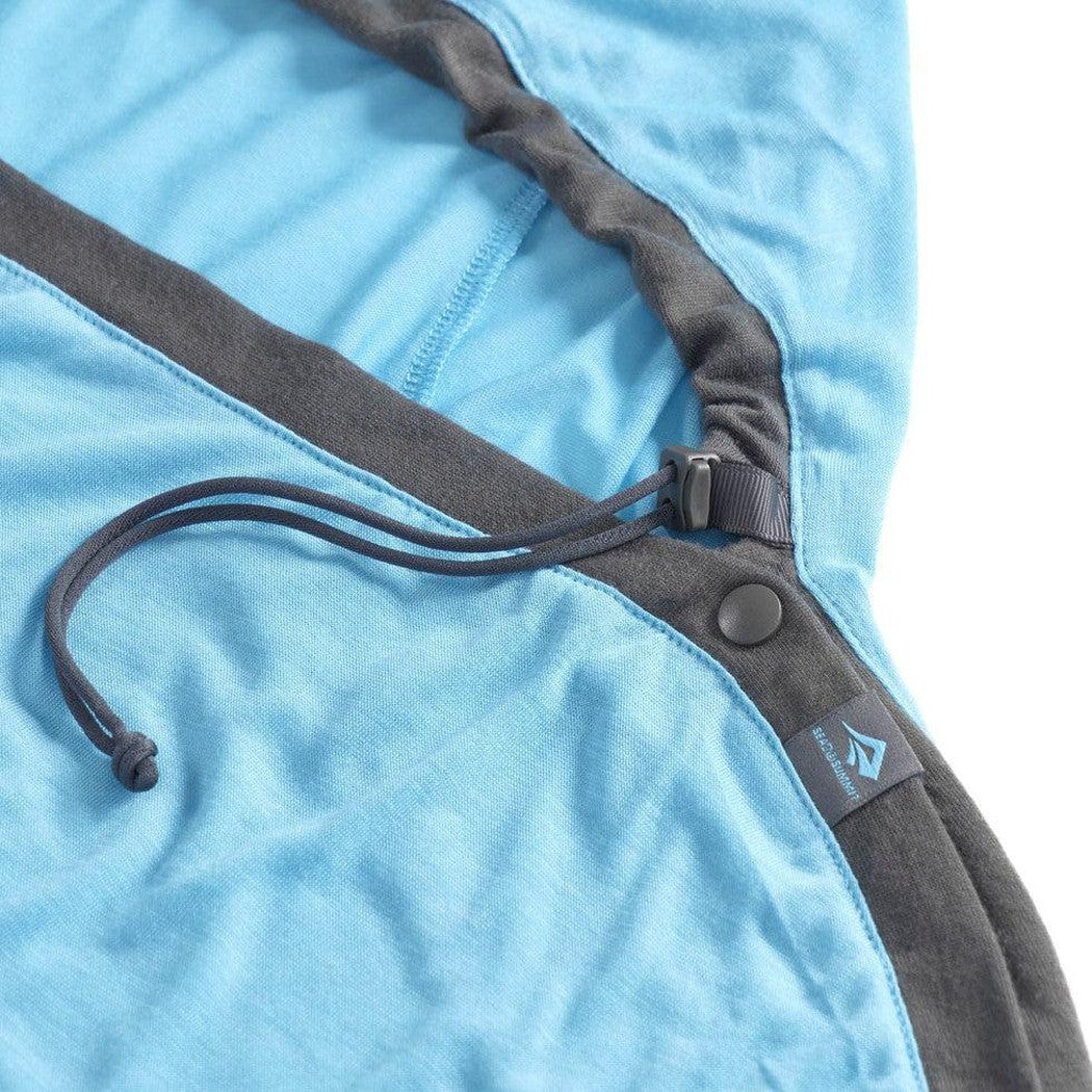 A close-up of the Sea To Summit Breeze Sleeping Bag Liner in Blue Atoll showing the drawcord and button closure against a white background.