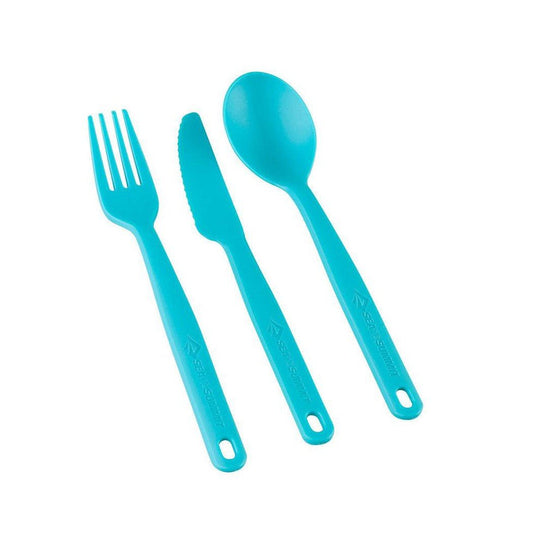 A side view of the Sea To Summit Camp Cutlery Utensil Set in Charcoal showing the fork, knife, and spoon against a white background.