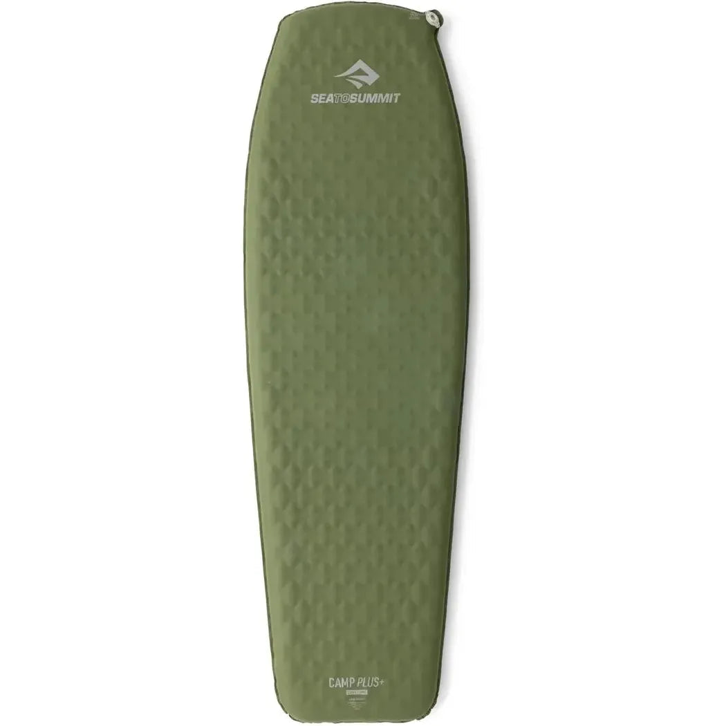 A top-down view of the Sea To Summit Camp Plus Self Inflating Mat in Regular Olive Green against a white background.