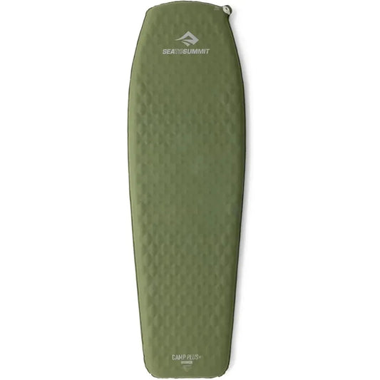 A top-down view of the Sea To Summit Camp Plus Self Inflating Mat in Regular Olive Green against a white background.