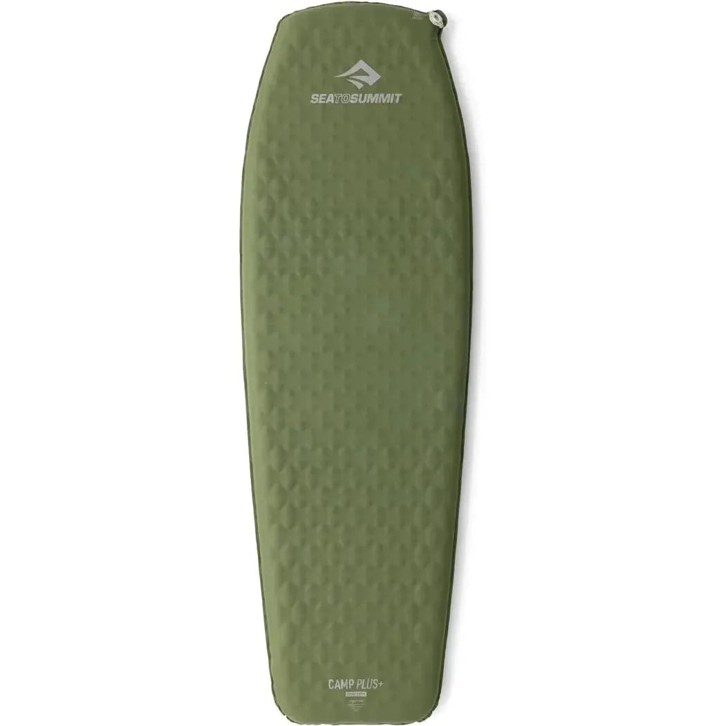 A side view of the Sea To Summit Camp Plus Self Inflating Mat in Regular Olive showing the textured surface against a white background.