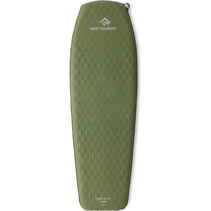 A side view of the Sea To Summit Camp Plus Self Inflating Mat in Regular Olive showing the textured surface against a white background.