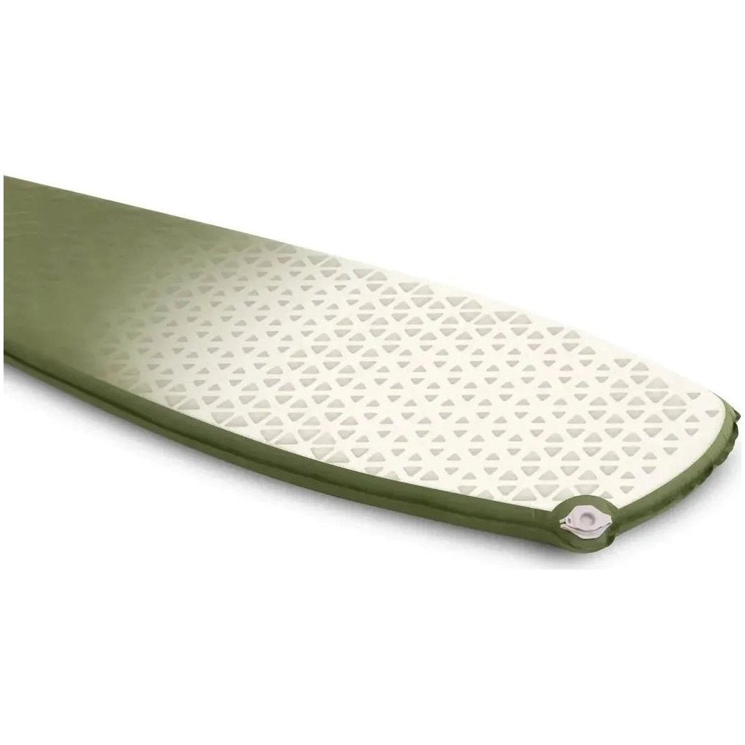 Side view of the Sea To Summit Camp Plus Self Inflating Mat in Regular showing the patterned top and valve against a white background.