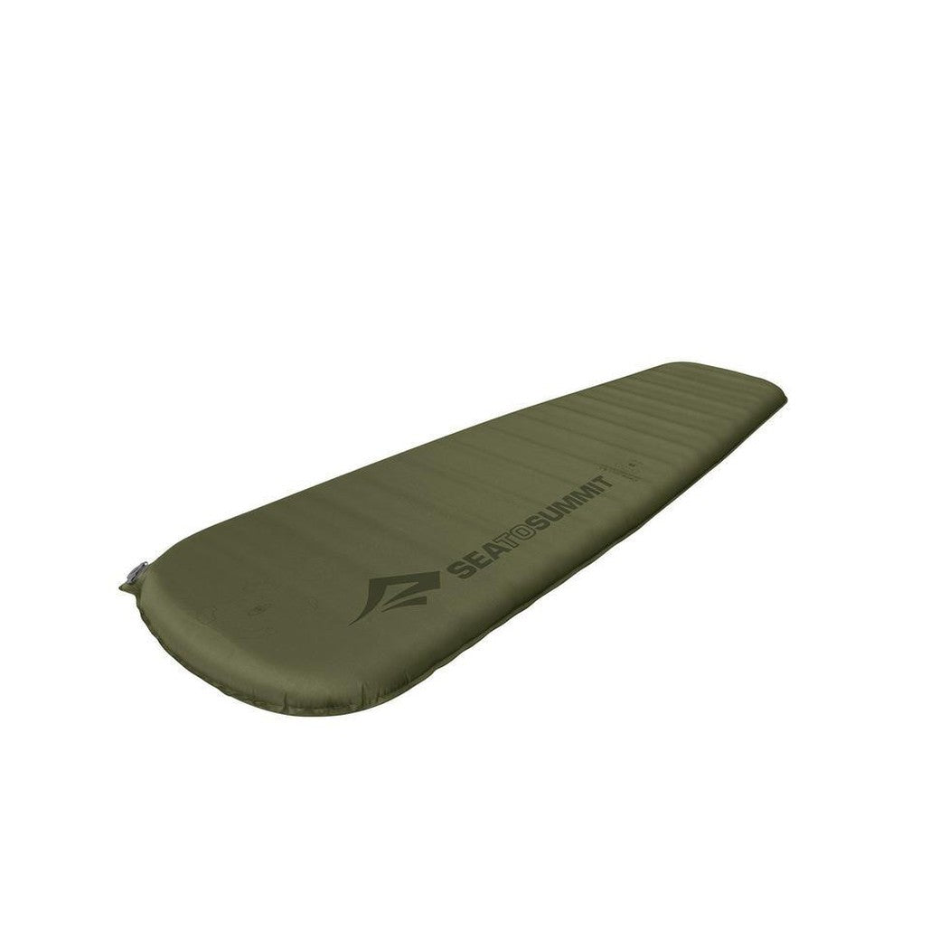 A side view of the Sea To Summit Camp Plus Self-Inflating Sleeping Mat in olive green against a white background.