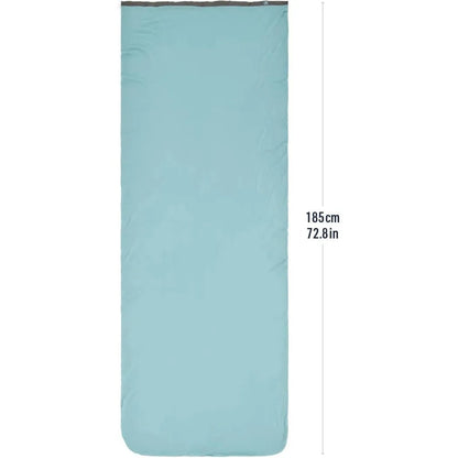 Rectangular Sea To Summit Comfort Blend Sleeping Bag Liner in light blue showing its length against a white background.